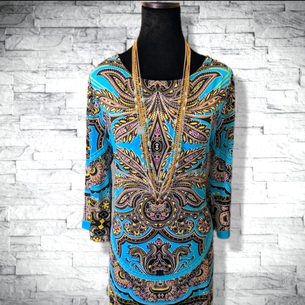 Teal Turquoise Stretch Mini Dress 3/4 Sleeves Boat Neck Flattering Fit D10 - Picture 2 of 11